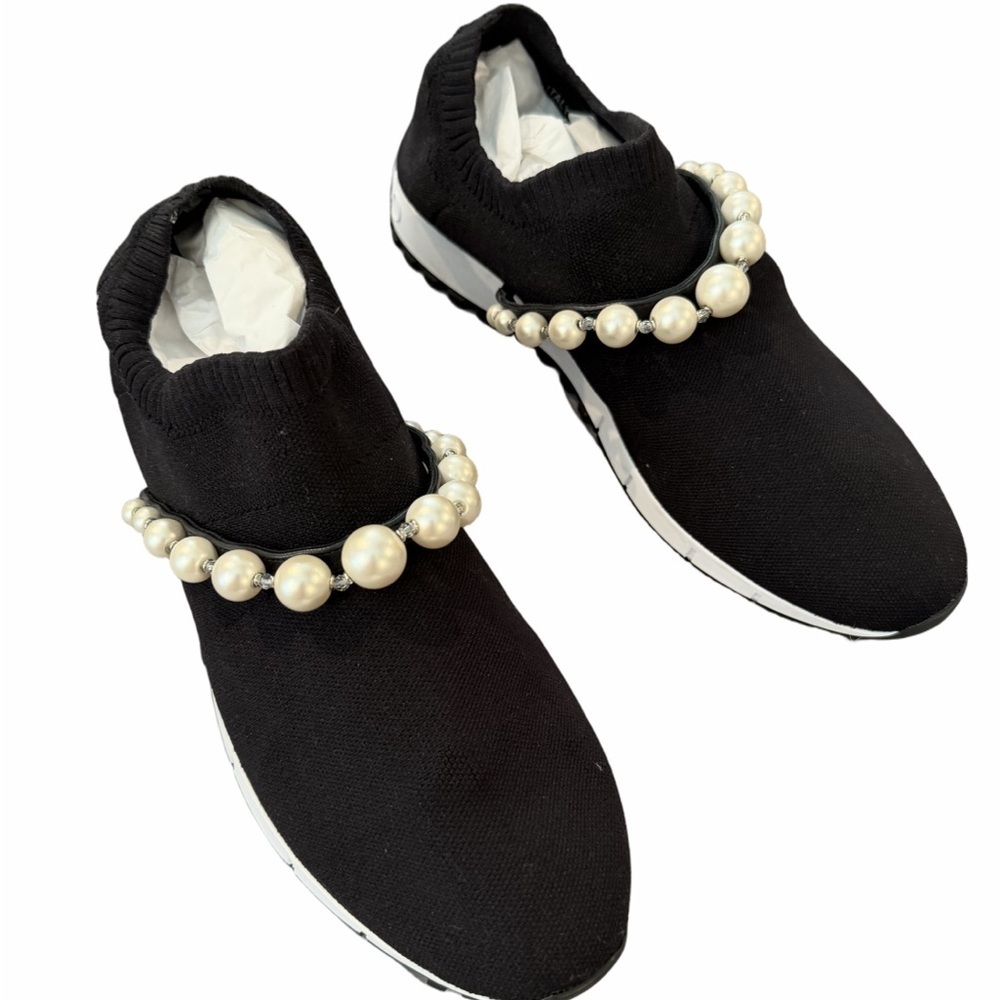 Jimmy Choo Black Knit Slip On Sneakers Pearl Strap